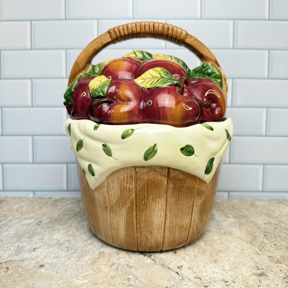 Vintage Cooks Club Porcelain Apple Basket Cookie Jar Collectible
